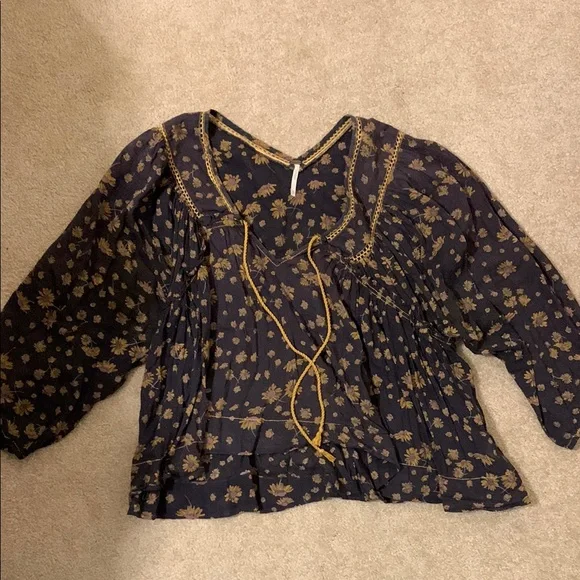 Free People Gold and Gray Boxy Blouse with 3/4 Sleeves - Picture 1 of 5